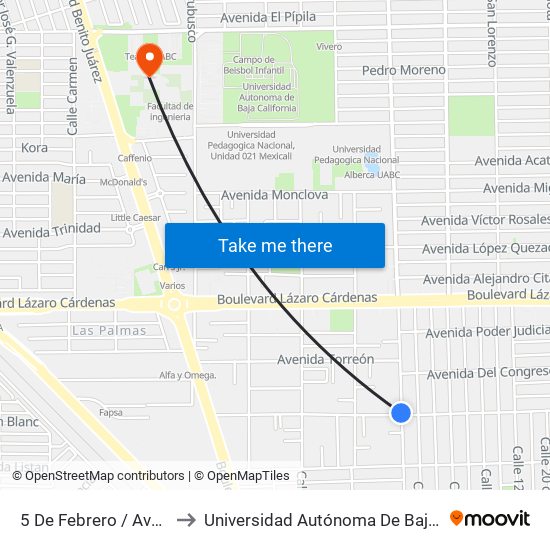 5 De Febrero / Avenida Ayuntamiento to Universidad Autónoma De Baja California - Campus Mexicali map