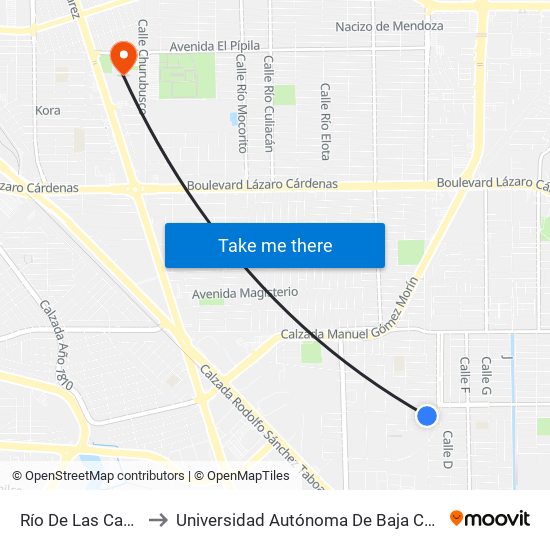 Río De Las Cañas / Calle 86 to Universidad Autónoma De Baja California - Campus Mexicali map