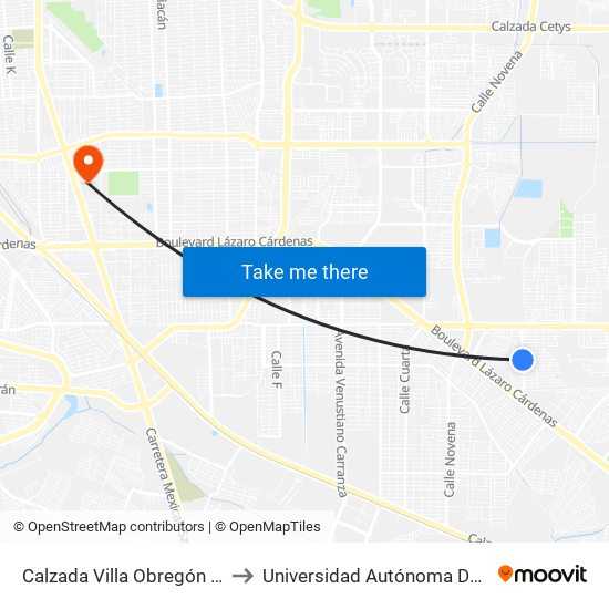 Calzada Villa Obregón / Villa De Moctezuma Poniente to Universidad Autónoma De Baja California - Campus Mexicali map