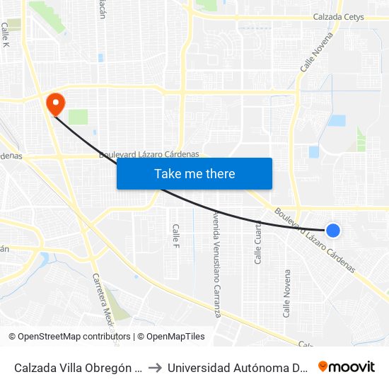 Calzada Villa Obregón / Villa De Moctezuma Poniente to Universidad Autónoma De Baja California - Campus Mexicali map