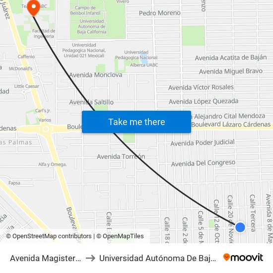 Avenida Magisterio / 24 De Octubre to Universidad Autónoma De Baja California - Campus Mexicali map