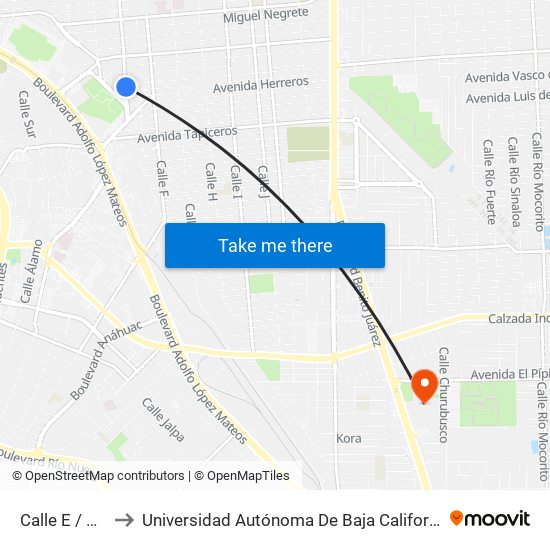 Calle E / Plateros to Universidad Autónoma De Baja California - Campus Mexicali map