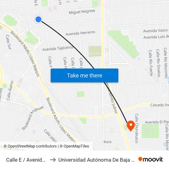 Calle E / Avenida Mariano Arista to Universidad Autónoma De Baja California - Campus Mexicali map