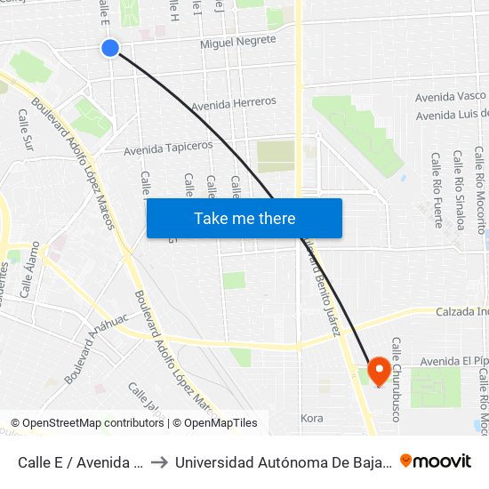 Calle E / Avenida Ignacio Zaragoza to Universidad Autónoma De Baja California - Campus Mexicali map