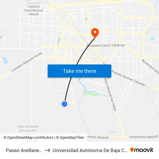 Paseo Avellaneda / Mascardi to Universidad Autónoma De Baja California - Campus Mexicali map