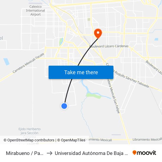 Mirabueno / Paseo Avellaneda to Universidad Autónoma De Baja California - Campus Mexicali map