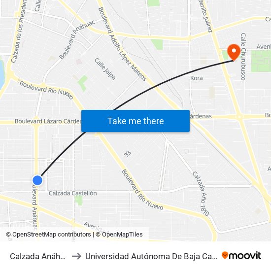 Calzada Anáhuac / Gerona to Universidad Autónoma De Baja California - Campus Mexicali map