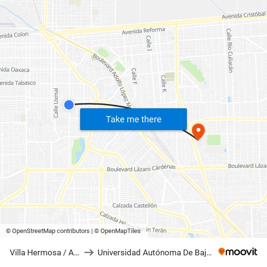 Villa Hermosa / Avenida Tamaulipas to Universidad Autónoma De Baja California - Campus Mexicali map