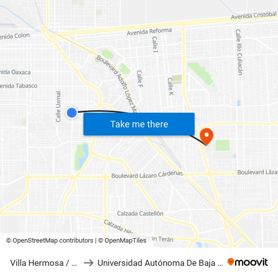 Villa Hermosa / Avenida Coahuila to Universidad Autónoma De Baja California - Campus Mexicali map