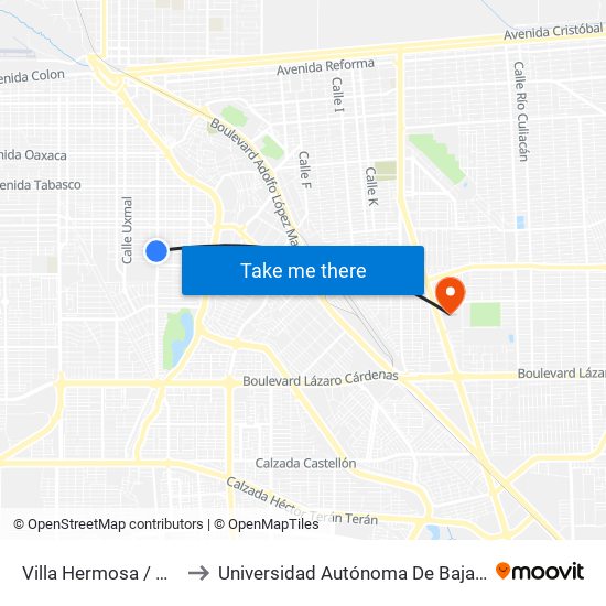 Villa Hermosa / Avenida Chihuahua to Universidad Autónoma De Baja California - Campus Mexicali map