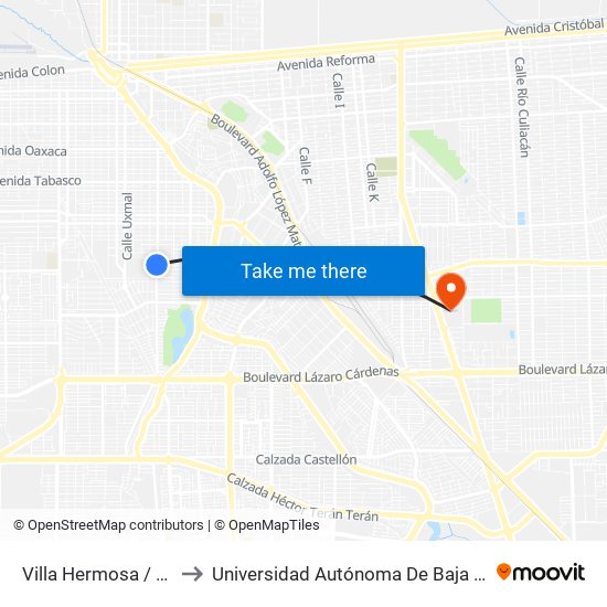 Villa Hermosa / Avenida Tlaxcala to Universidad Autónoma De Baja California - Campus Mexicali map