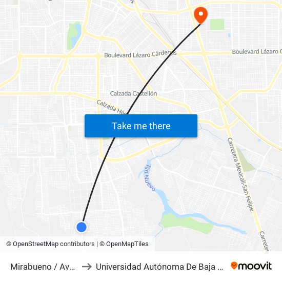 Mirabueno / Avenida Belmonte to Universidad Autónoma De Baja California - Campus Mexicali map