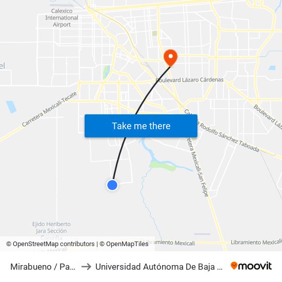 Mirabueno / Paseo Avellaneda to Universidad Autónoma De Baja California - Campus Mexicali map
