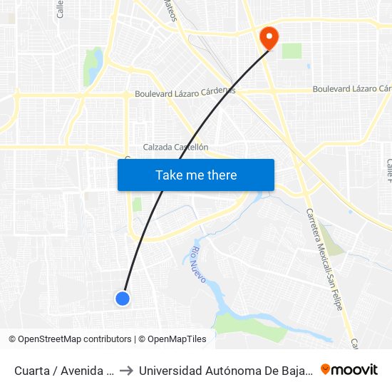 Cuarta / Avenida Lago Montebello to Universidad Autónoma De Baja California - Campus Mexicali map