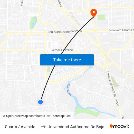 Cuarta / Avenida Lago Xochimilco to Universidad Autónoma De Baja California - Campus Mexicali map