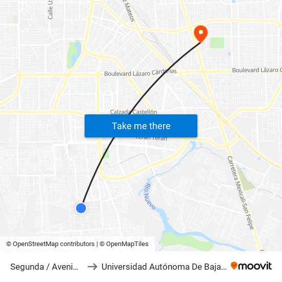 Segunda / Avenida Lago Pátzcuaro to Universidad Autónoma De Baja California - Campus Mexicali map