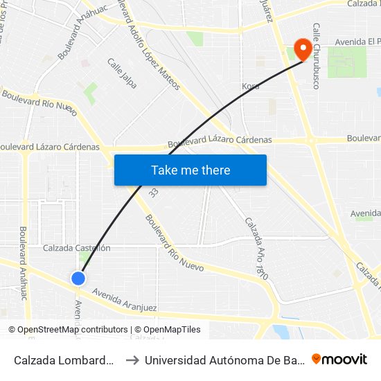 Calzada Lombardo Toledano / Aranjuez to Universidad Autónoma De Baja California - Campus Mexicali map