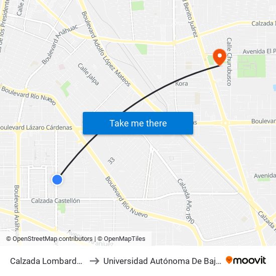 Calzada Lombardo Toledano / Burgos to Universidad Autónoma De Baja California - Campus Mexicali map