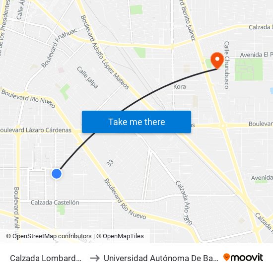 Calzada Lombardo Toledano / Mallorca to Universidad Autónoma De Baja California - Campus Mexicali map