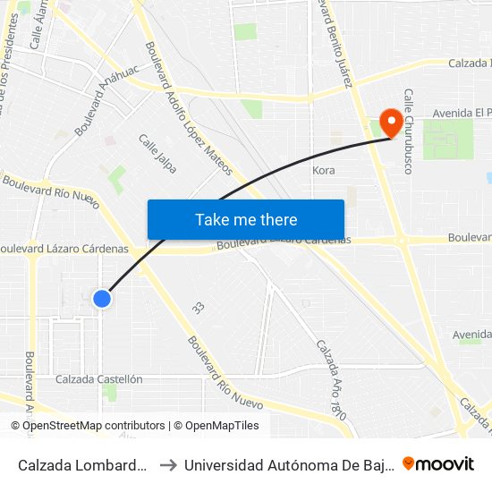 Calzada Lombardo Toledano / Orozco to Universidad Autónoma De Baja California - Campus Mexicali map