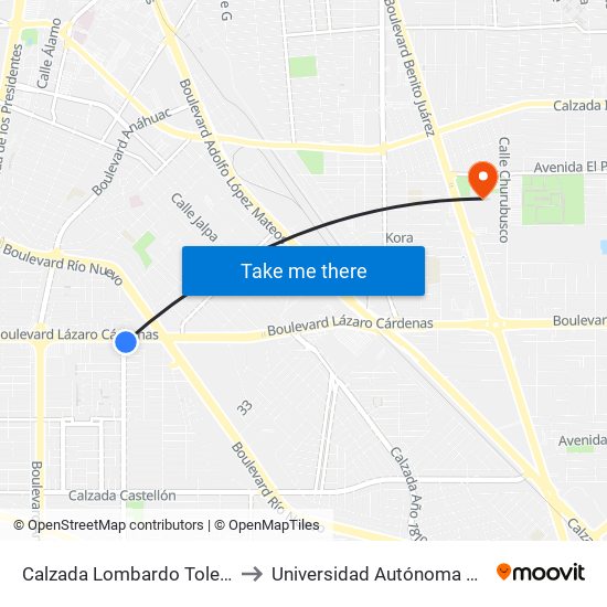 Calzada Lombardo Toledano / Boulevard Lázaro Cárdenas to Universidad Autónoma De Baja California - Campus Mexicali map