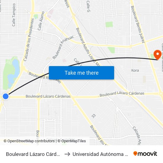 Boulevard Lázaro Cárdenas / Calzada De Los Presidentes to Universidad Autónoma De Baja California - Campus Mexicali map
