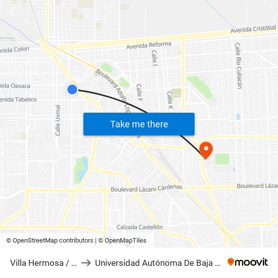 Villa Hermosa / Avenida Puebla to Universidad Autónoma De Baja California - Campus Mexicali map