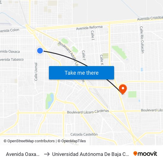 Avenida Oaxaca / Progreso to Universidad Autónoma De Baja California - Campus Mexicali map