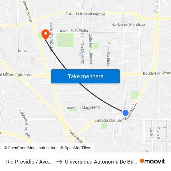 Río Presidio / Avenida Ejército Nacional to Universidad Autónoma De Baja California - Campus Mexicali map