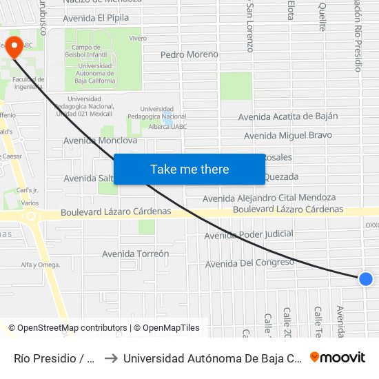 Río Presidio / Plan De Iguala to Universidad Autónoma De Baja California - Campus Mexicali map