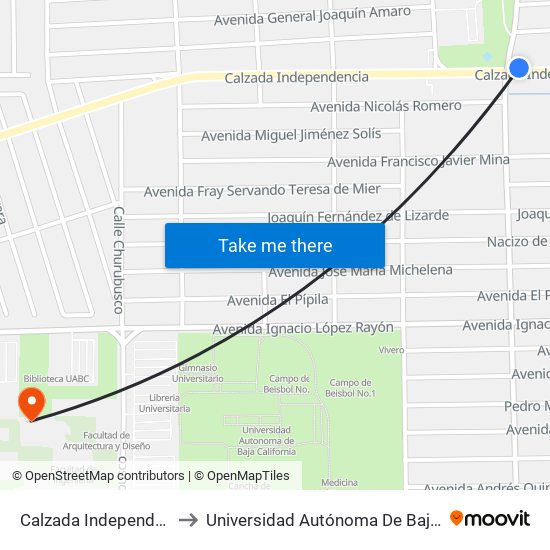 Calzada Independencia / Río Mocorito to Universidad Autónoma De Baja California - Campus Mexicali map