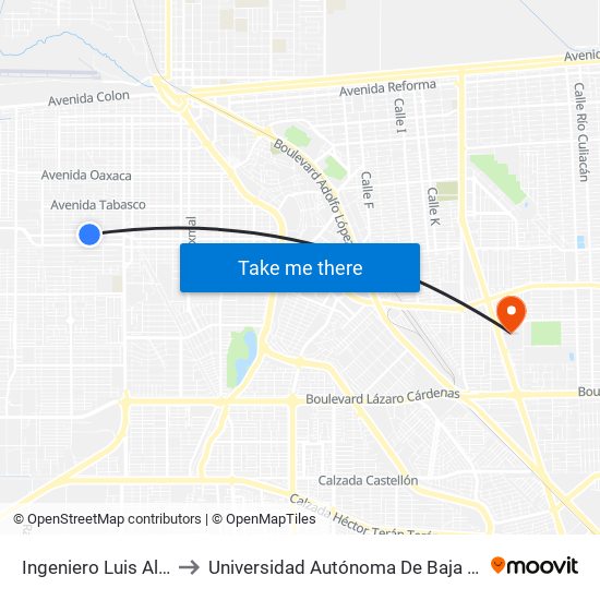 Ingeniero Luis Alcérrega / Rocha to Universidad Autónoma De Baja California - Campus Mexicali map