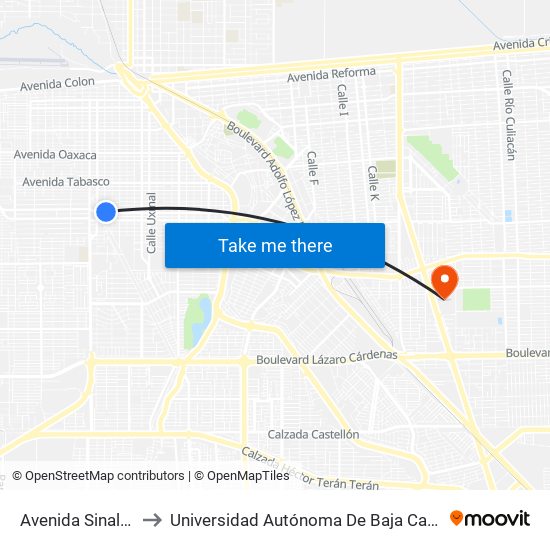 Avenida Sinaloa / Morelia to Universidad Autónoma De Baja California - Campus Mexicali map