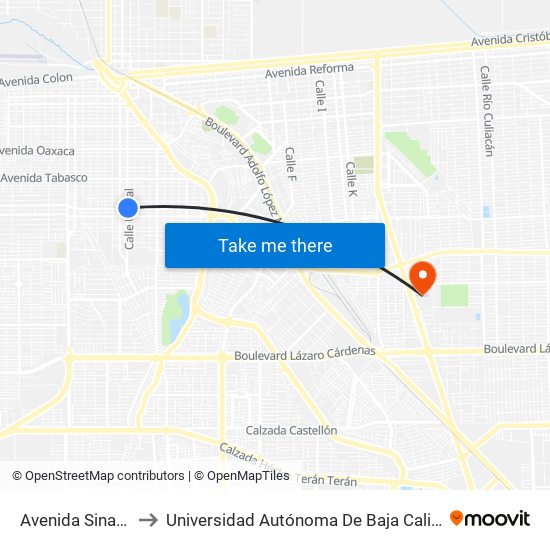 Avenida Sinaloa / Uxmal to Universidad Autónoma De Baja California - Campus Mexicali map