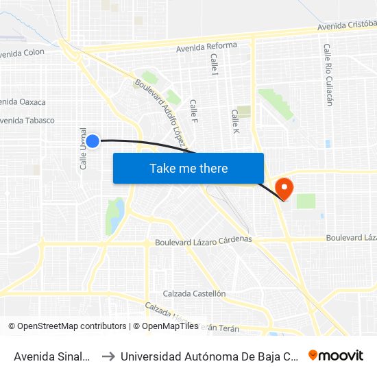 Avenida Sinaloa / Progreso to Universidad Autónoma De Baja California - Campus Mexicali map