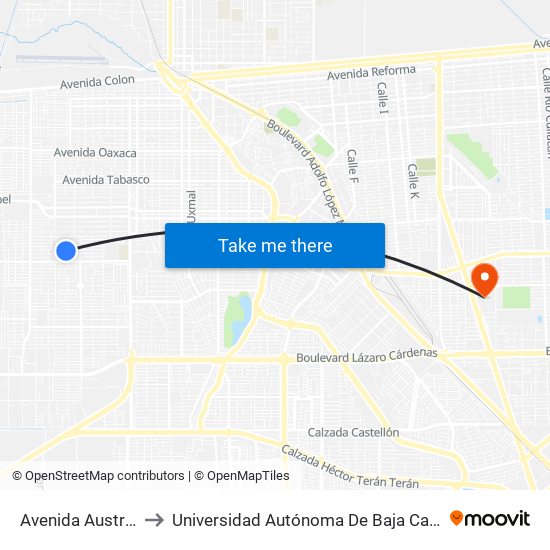 Avenida Australia / Ceylán to Universidad Autónoma De Baja California - Campus Mexicali map