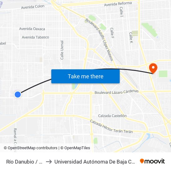 Río Danubio / Sierra Bonita to Universidad Autónoma De Baja California - Campus Mexicali map