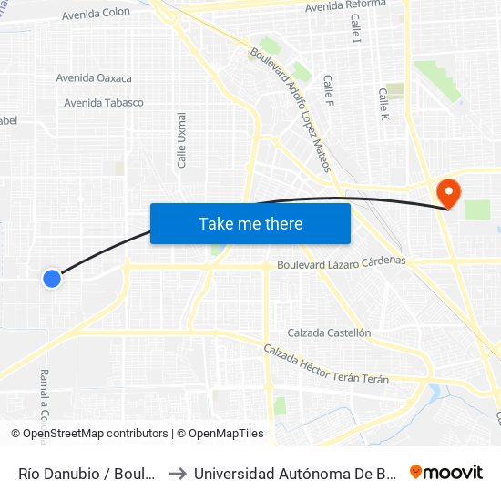 Río Danubio / Boulevard Lázaro Cárdenas to Universidad Autónoma De Baja California - Campus Mexicali map