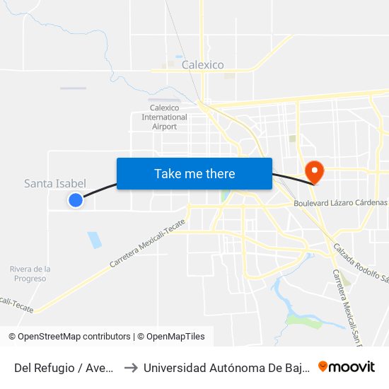 Del Refugio / Avenida Santa Verónica to Universidad Autónoma De Baja California - Campus Mexicali map