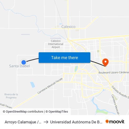 Arroyo Calamajue / Avenida El Portezuelo to Universidad Autónoma De Baja California - Campus Mexicali map