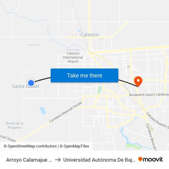 Arroyo Calamajue / Avenida Guayaquil to Universidad Autónoma De Baja California - Campus Mexicali map