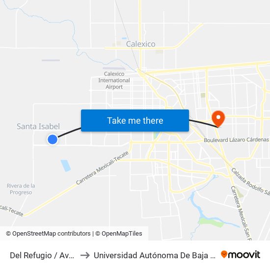 Del Refugio / Avenida San Pedro to Universidad Autónoma De Baja California - Campus Mexicali map