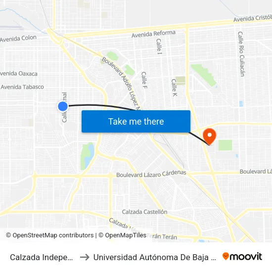 Calzada Independencia / Uxmal to Universidad Autónoma De Baja California - Campus Mexicali map