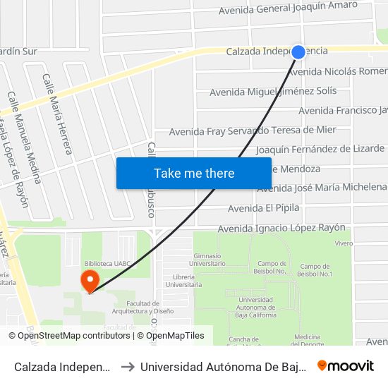 Calzada Independencia / Río Fuerte to Universidad Autónoma De Baja California - Campus Mexicali map