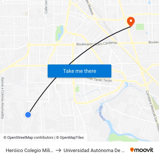 Heróico Colegio Militar / Hacienda Caracheo to Universidad Autónoma De Baja California - Campus Mexicali map