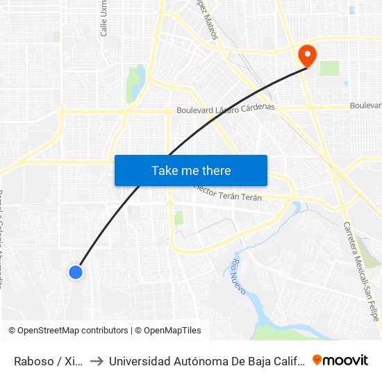 Raboso / Xicalahuata to Universidad Autónoma De Baja California - Campus Mexicali map