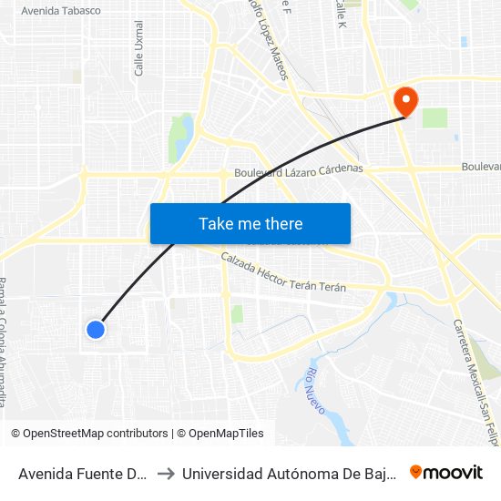 Avenida Fuente De Etiopía / Justicia to Universidad Autónoma De Baja California - Campus Mexicali map