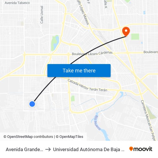 Avenida Grandeza / Tenacidad to Universidad Autónoma De Baja California - Campus Mexicali map
