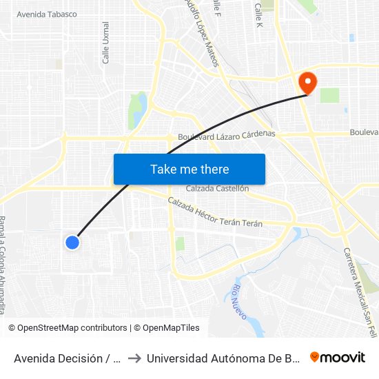 Avenida Decisión / Fuente De Los Deseos to Universidad Autónoma De Baja California - Campus Mexicali map