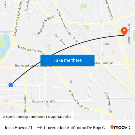 Islas Hawaii / Islas Canarias to Universidad Autónoma De Baja California - Campus Mexicali map
